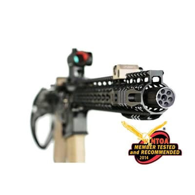 Kaw Valley Precision 30 Caliber Linear Comp with 5/8x24 threads, compact 2 1/16" design, 2.9 oz. weight, and durable QPQ Black finish.
