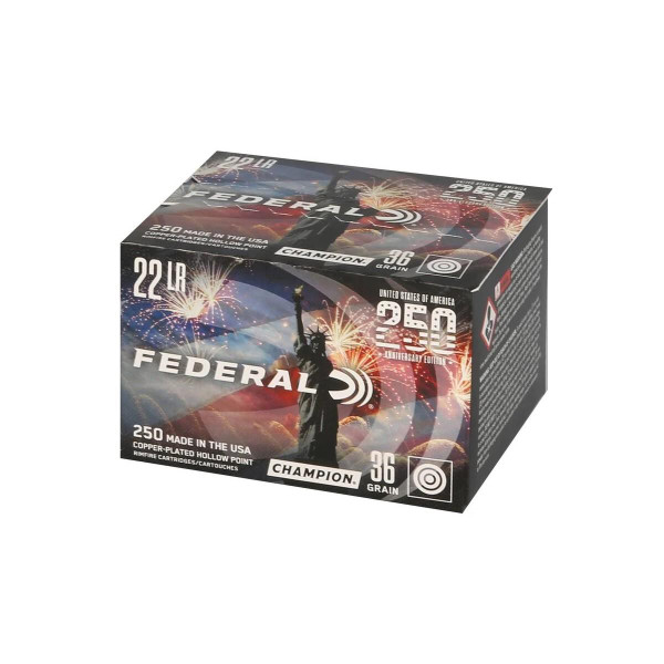 Federal Ammunition 250th Anniversary USA .22 LR features 36-grain copper-plated hollow points, 1,260 fps velocity and collectible 250-round packaging.