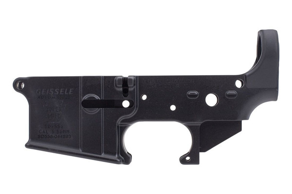 Geissele Super Duty stripped AR-15 lower features 7075-T6 aluminum, mil-spec dimensions, and hardcoat anodizing for custom 5.56 builds.