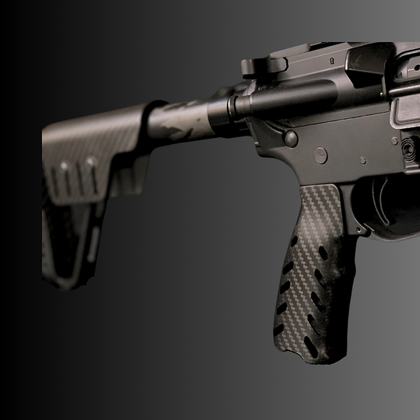 Smoke Composites carbon fiber ultralight AR pistol grip weighs 1.14 oz. for a durable, ergonomic, ambidextrous lightweight build upgrade.