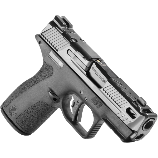 Smith & Wesson M&P Shield X Carry Comp 9mm CA-compliant pistol with ported barrel, optic-ready slide, night sights, and two 10-round magazines.