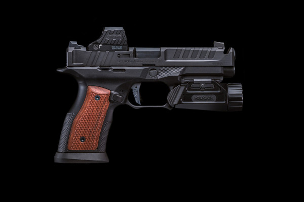 Sharps Bros Grip Module for Springfield Echelon with Brazilian Cherry Grips example of what the product looks like with a slide, optic, and weapon light.