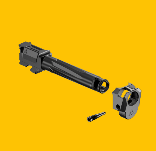 Radian RAMJET and AFTERBURNER for Glock 19 Gen 3 delivers up to 44 percent recoil reduction with a non threaded, 50 state legal design. Features INTRA-LOK mounting, fluted match barrel, and black DLC finish.