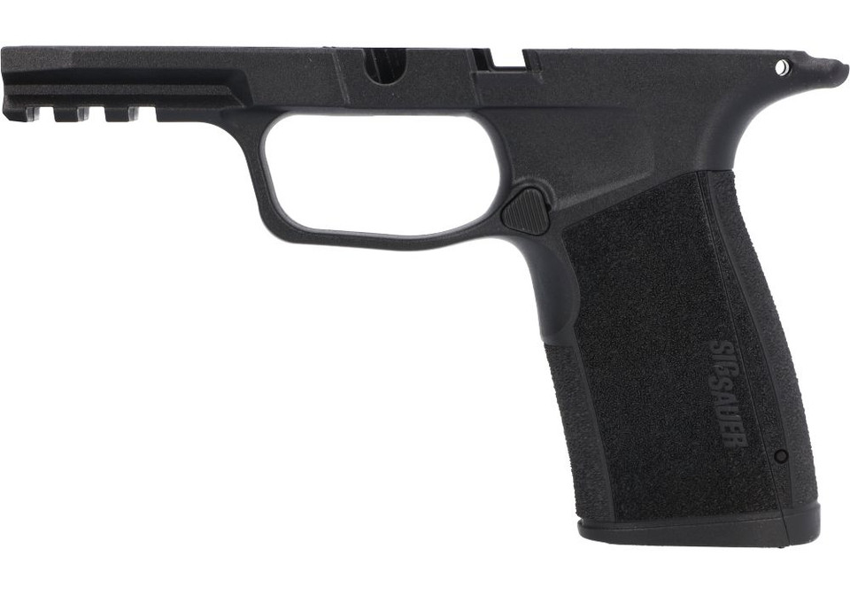 Get the Sig Sauer 8901179 Grip Module Assembly for P365-XMACRO in black. Features true 1913 rail, S/M/L interchangeable backstraps (medium preinstalled), and 17-round magazine compatibility. Fits standard P365 FCUs (no manual safety). Perfect replacement or custom build part. Available at Terran Gear USA