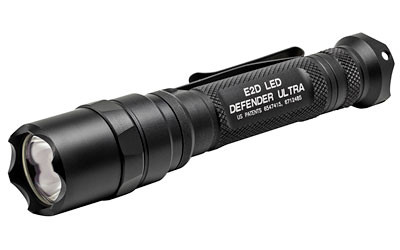 Image of Surefire E2DU Defender-BLK 1000 Lumen-LED with Surefire E2D LED Defender Ultra Flashlight, Dual-Output LED, 1000 Lumens, Dual-output Tailcap Click Switch, Strike Bezel, 2x CR123 Batteries, Black E2DLU-A, ideal for various uses.