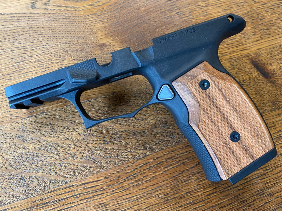 Bare Sharps P365X Grip Module shown with Brazilian Cherry Grip Panels and Anodized Black finish