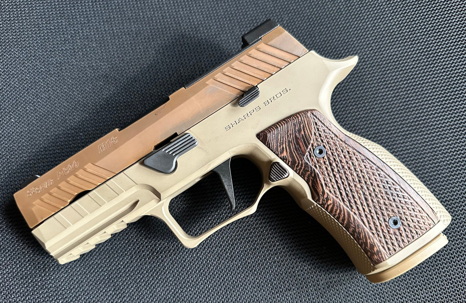 Sharps Bros Grip Module for P320 (9mm) with Wenge Wood Grips - FDE - example of the look in combination with the OEM M18 slide in Coyote