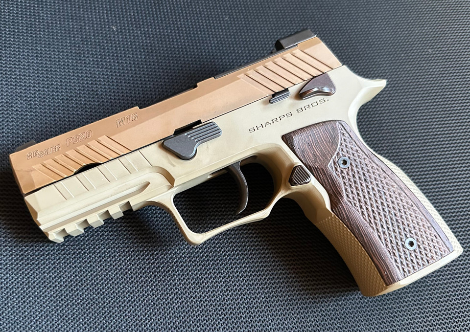 Sharps Bros Grip Module for P320 (9mm) with Manual Safety Cut & Wenge Wood Grips - FDE (example with Coyote color slide installed)