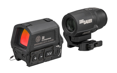 Image of SIG COMBO ROMEO8T-AMR J3 MAG MSAR with Sig Sauer ROMEO 8T AMR/JULIET COMBO
  Red Dot and Magnifier, 3X Magnification, 40mm Objective, QBCD 2.0 Reticle, 2 MOA Dot, 1913 Picatinny Mount, Black SORJ8T101., ideal for various uses.