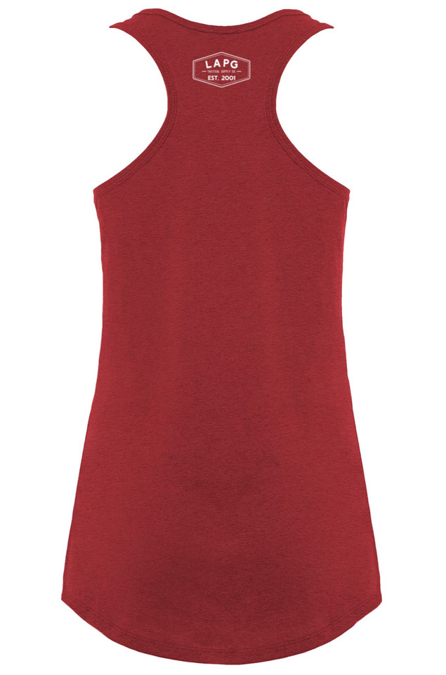 LAPG Women's Gear Tank made of 60% Cotton and 40% Polyester. Featuring a detailed graphic on the chest and Heroes Welcome logo on the back. Available at Terran Gear USA!