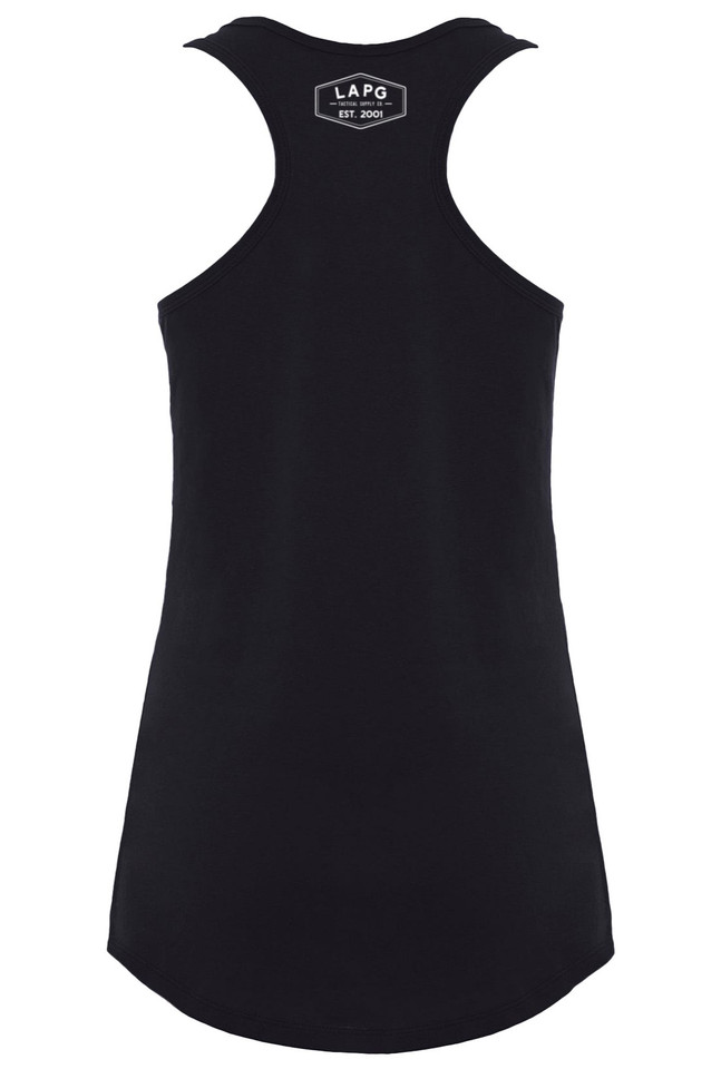 LAPG Women's Thin Blue Line Tank – Made from 60% Cotton and 40% Polyester. Available in Grey & Black, featuring a detailed chest graphic and Heroes Welcome logo. Get yours at Terran Gear USA!