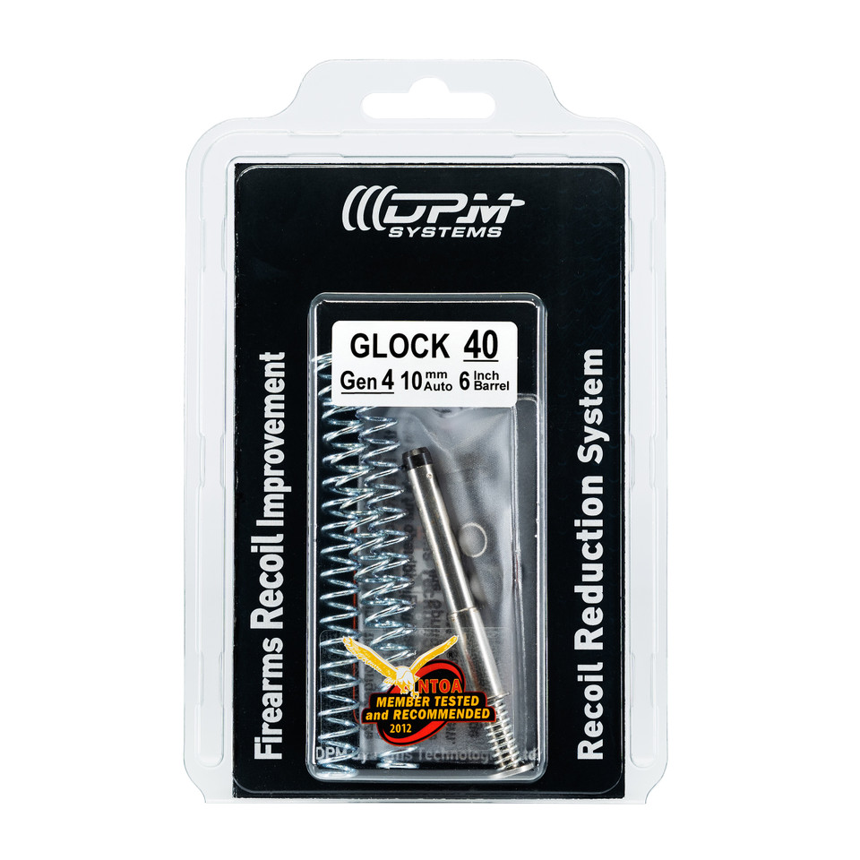 DPM MRS for GLOCK 40 Gen4 (10mm, 6”) adjustable captured recoil reduction system with 9 user settings (3 springs × 3 washers). Reduce felt recoil, protect slide/frame, improve follow-up shots. Lifetime warranty.