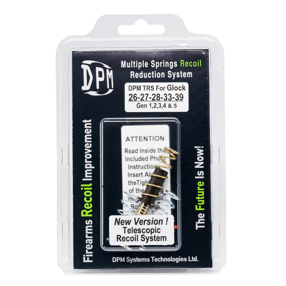 DPM telescopic recoil system for Glock 26/27/28/33/39 Gen 1–5. Custom spring rates, smoother cycling, reduced recoil & frame impact. Lifetime warranty.