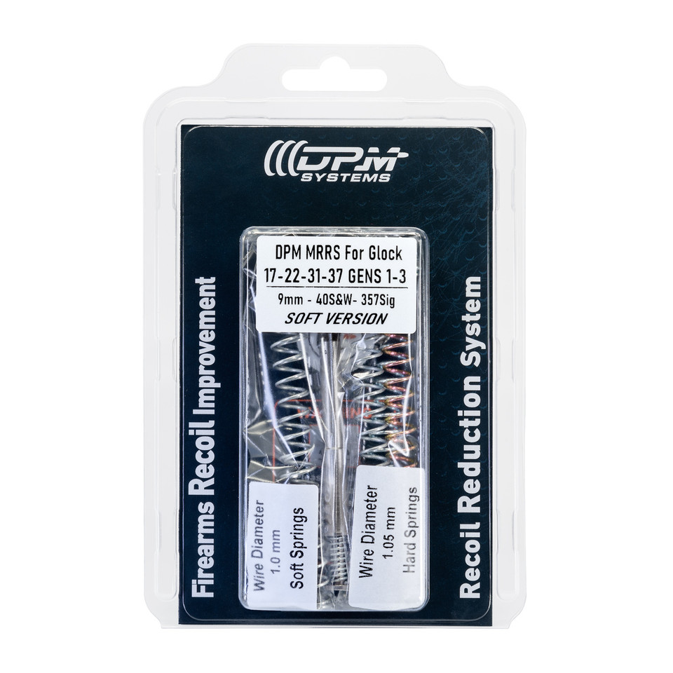 DPM Soft Recoil System for Glock 17/22/31/37 Gen 1–3. Compatible with comps, ported barrels, and low-power ammo. Includes 5 adjustable springs for optimal recoil control.