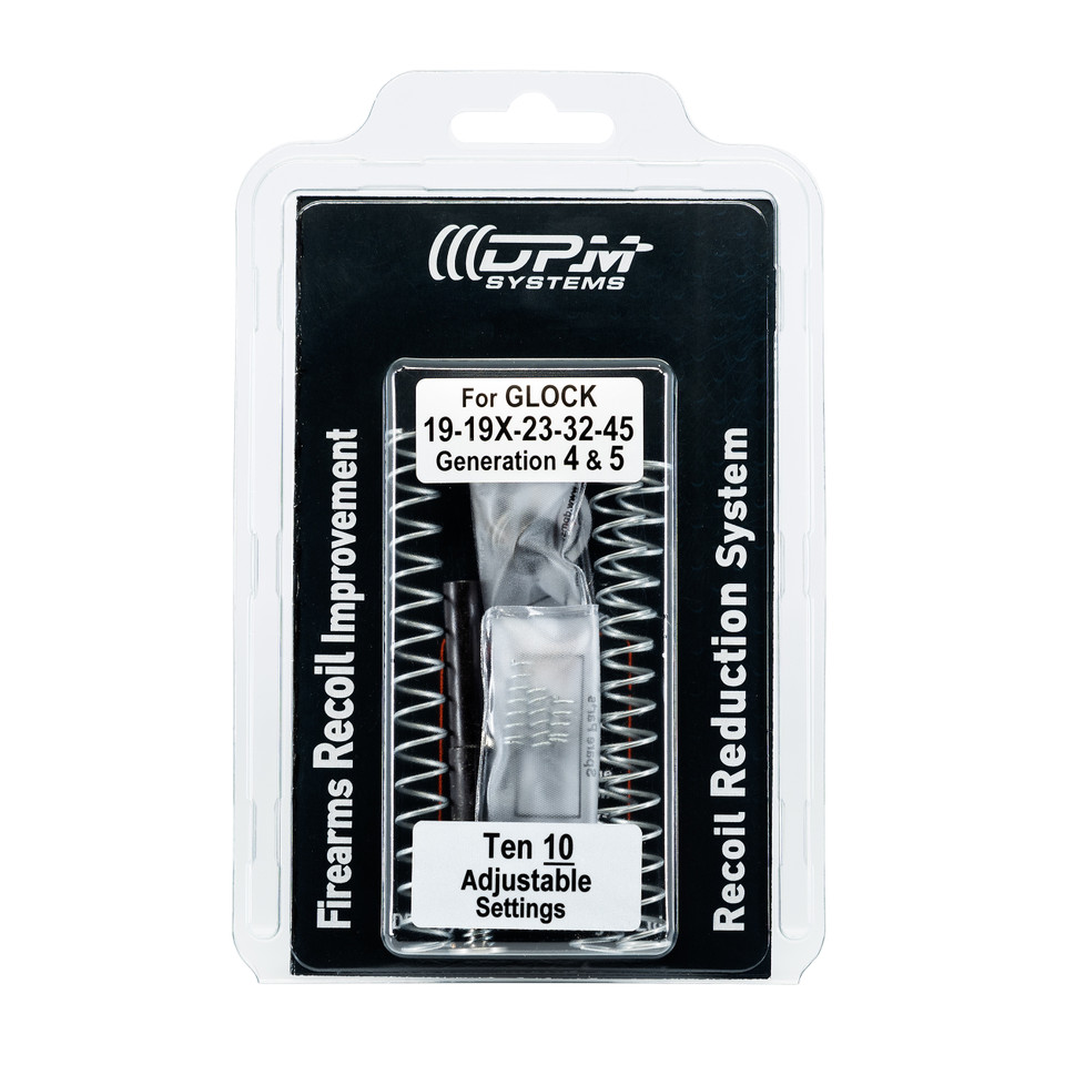 DPM Adjustable Recoil System for Glock 19, 19X, 23, 32, 45, 47 (Gen 4 & 5). 10 user settings, compatible with factory or custom setups. Imported by Terran Gear USA.