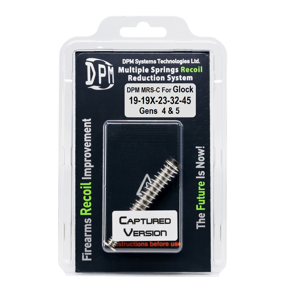 DPM Captured Recoil Reduction System for Glock 19/19X/23/32/45/47 (Gens 4–5). Drop-in recoil rod replacement that reduces felt recoil, smooths slide closure, protects frame & slide. Lifetime warranty.