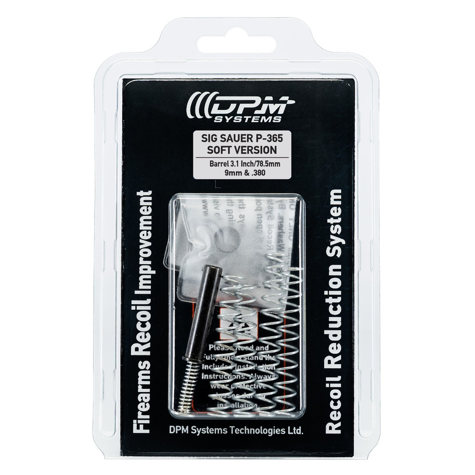 DPM Recoil Reduction System for SIG P365 3.1" with comps or suppressors. Available at Terran Gear USA. Softer cycling, 4 springs, 1 plug, enhanced control.