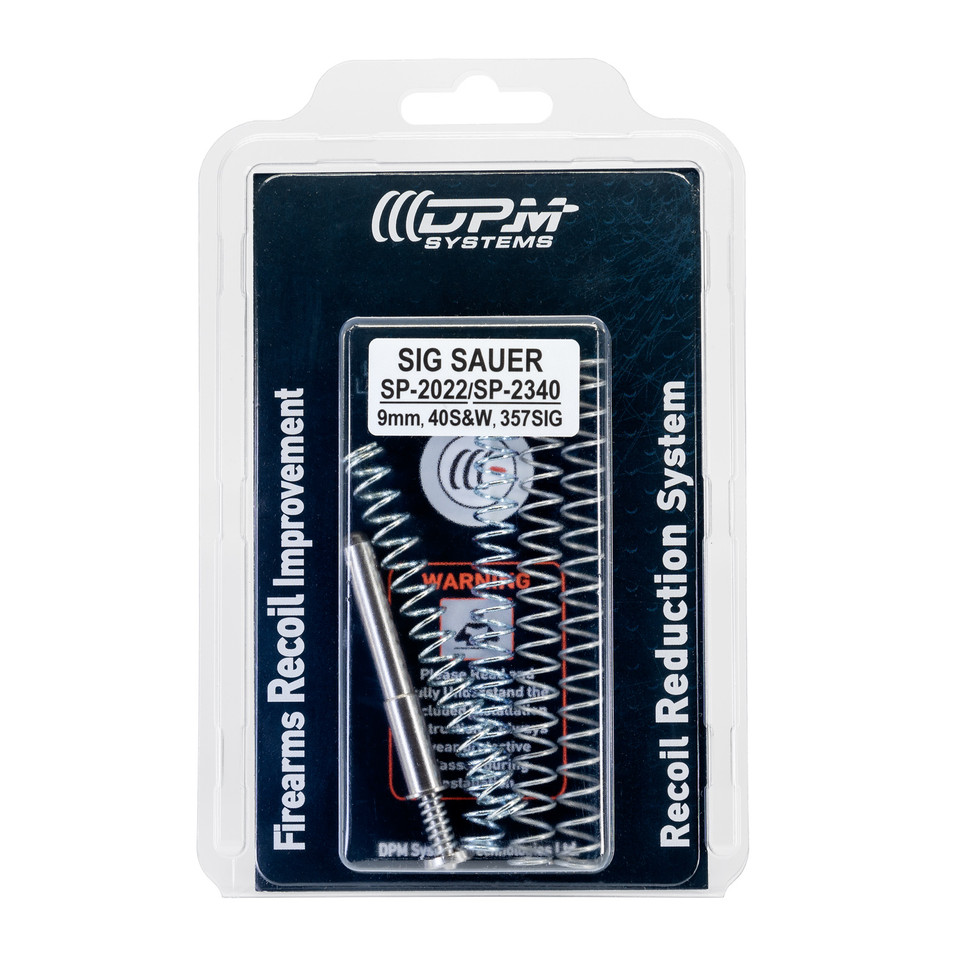 DPM Mechanical Recoil Reduction System for SIG SP2022 & SP2340 drop-in recoil rod replacement with selectable 1.0mm (9mm) and 1.05mm (.40 S&W) spring options. Reduces felt recoil, protects slide/frame, and improves follow-up speed. Lifetime warranty.