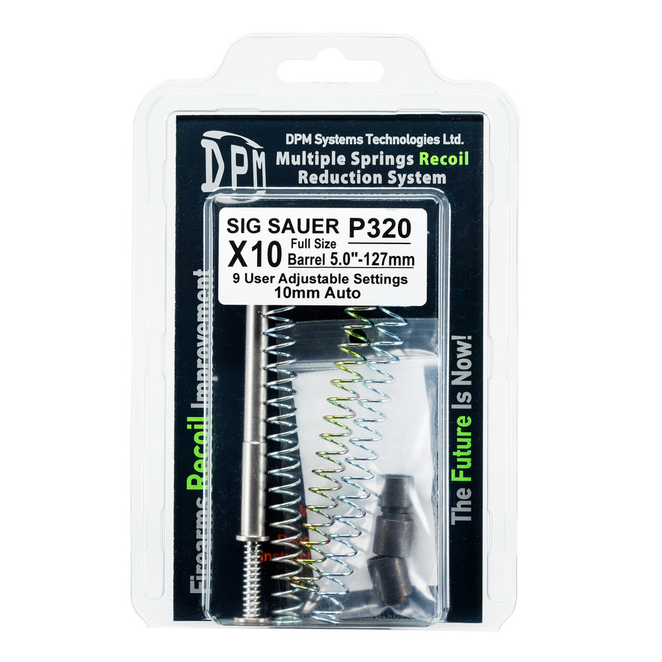 Upgrade your Sig P320-XTEN 10mm with the DPM Mechanical Recoil Reduction System. 9 spring settings, tuned for 10mm +P+. Reduce recoil & improve control. Made in EU.