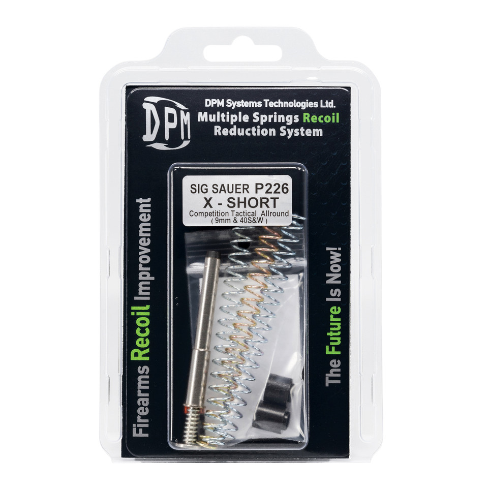 DPM Recoil Reduction System for SIG P226 X-Short enhances control, reduces recoil, and protects your slide/frame. Includes 2 plugs & 3 springs. Made in Greece.