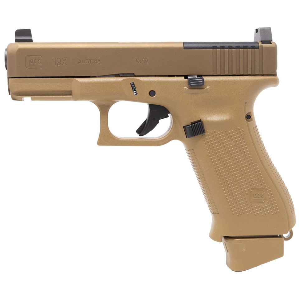 GLOCK 19X MOS Davidson's Exclusive – Coyote Brown, optic-ready, with AmeriGlo tall sights, Modular Optic System, GMB barrel, and three mags included. Reliable and feature-rich 9mm.