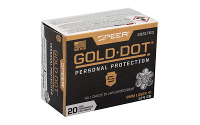 Speer Gold Dot 9mm 124 Grain +P Hollow Point ammo offers bonded-core reliability, tuned expansion, and FBI-tested performance for personal protection and duty use.