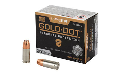 Speer Gold Dot 9mm 124 Grain +P Hollow Point ammo offers bonded-core reliability, tuned expansion, and FBI-tested performance for personal protection and duty use.