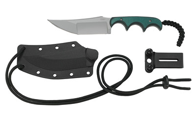 CRKT Minimalist Folts 2394 fixed blade knife with trailing point blade, green handle, and Zytel sheath. Lightweight EDC knife designed by Alan Folts.