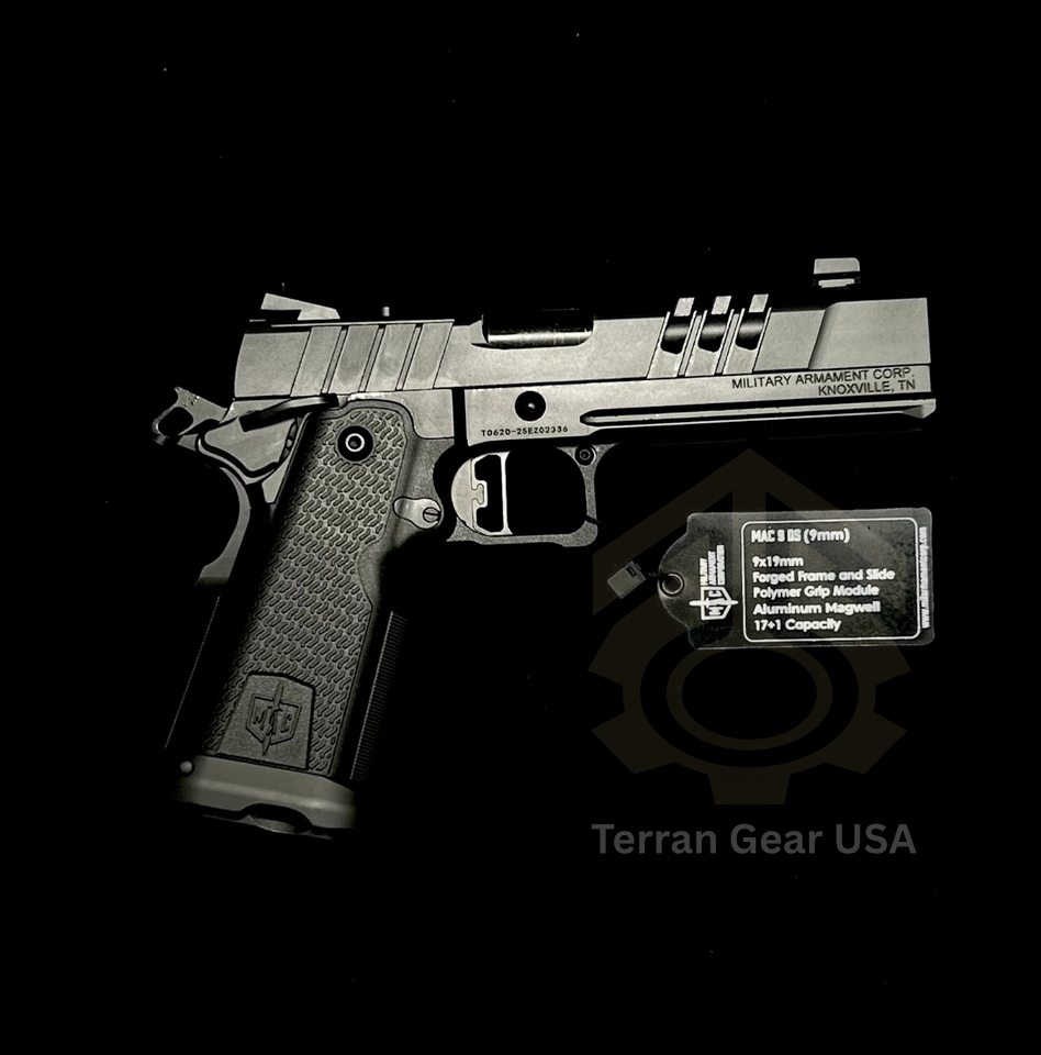 MAC 9 DS-D Comp 9mm pistol with forged steel frame, integrated ported barrel, and optic-ready AOS plate system. 2011-compatible duty-grade performance.