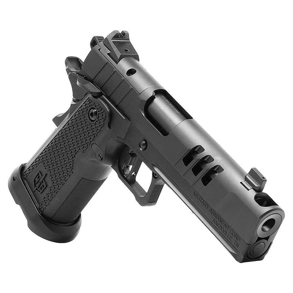 MAC 9 DS-D Comp 9mm pistol with forged steel frame, integrated ported barrel, and optic-ready AOS plate system. 2011-compatible duty-grade performance.