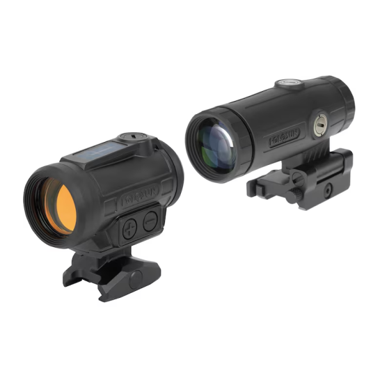 Holosun ARO-EVO Combo includes a 2 MOA red dot with 50,000-hour battery life, Shake Awake™, Solar Failsafe, and a HM3X 3X magnifier with flip-to-side mount for rapid target engagement