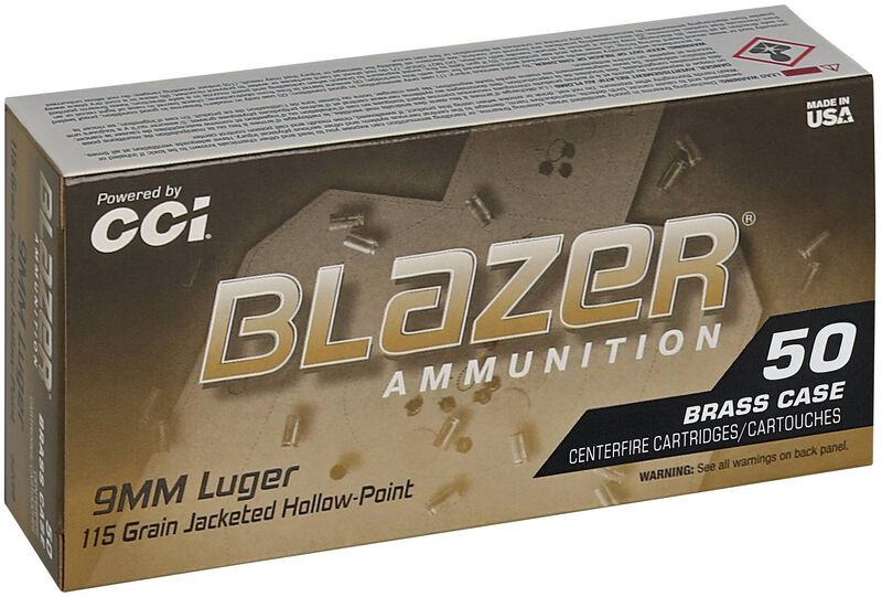 Blazer Brass 9mm 115 gr JHP ammo offers reliable expansion, clean primers, and reloadable brass. Ideal for training and self-defense. Available in 50-round boxes.