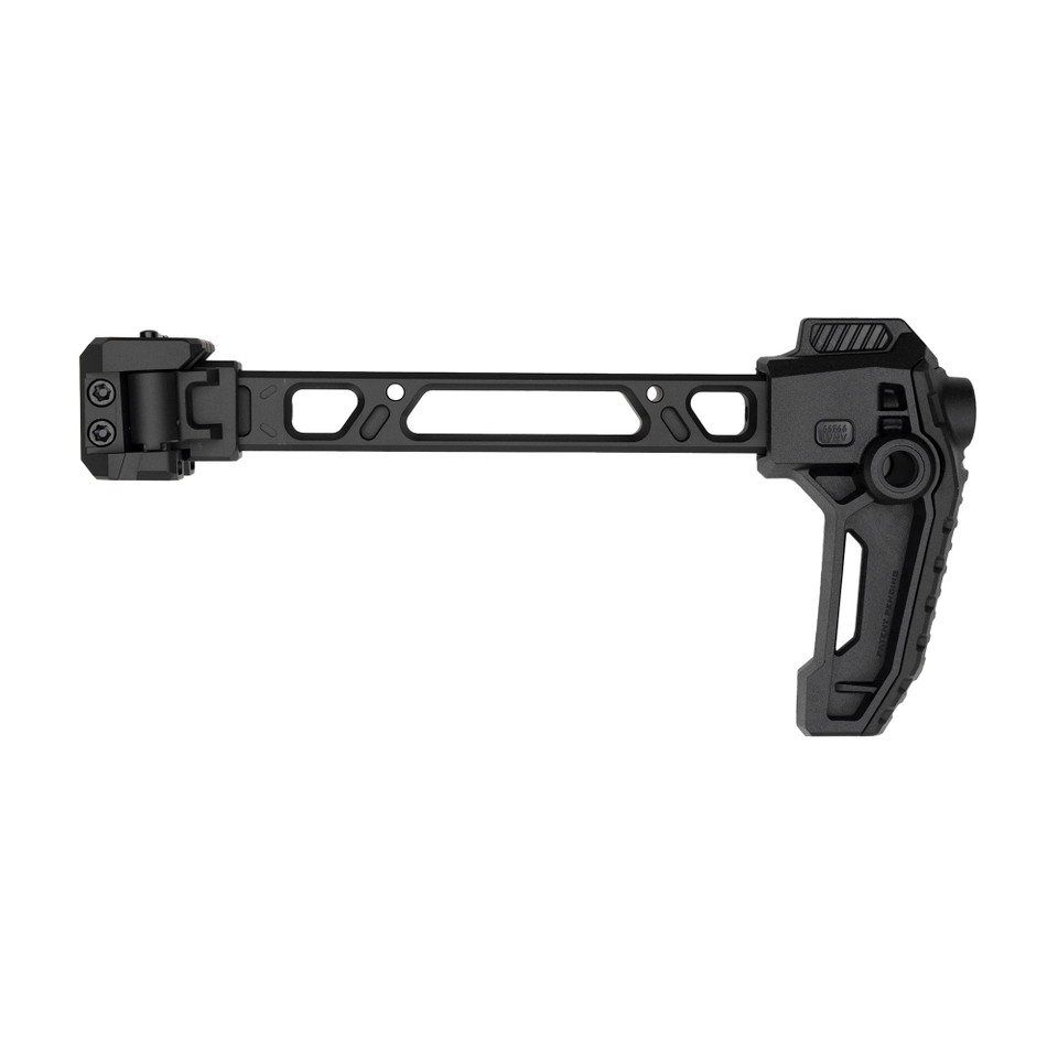 Strike Industries Dual Folding Adapter with stock – patented Picatinny folding system that folds left or right, under 10 oz, steel and aluminum construction, modular with interchangeable parts, QD sling mounts, and rubber anti-slip buttpad.