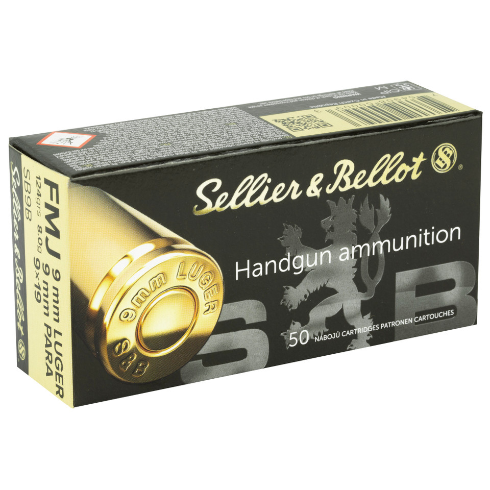 Sellier & Bellot 9mm 124gr FMJ – 50rd box of high-quality target ammo. 1,181 FPS muzzle velocity. Ideal for training, practice, and range use.