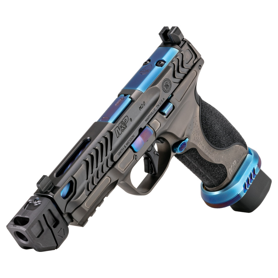 Image of S&W M&P9 M2.0 Metal HD Spec Series V - Steel Framed Full Size - 9MM 23RD - 4.875" Threaded Barrel with Strike Industries Compensator Steel Magwell Optics Ready Gray/Blue with SKU: SW14284
  Discover the pinnacle of performance with the M&P9 ME...