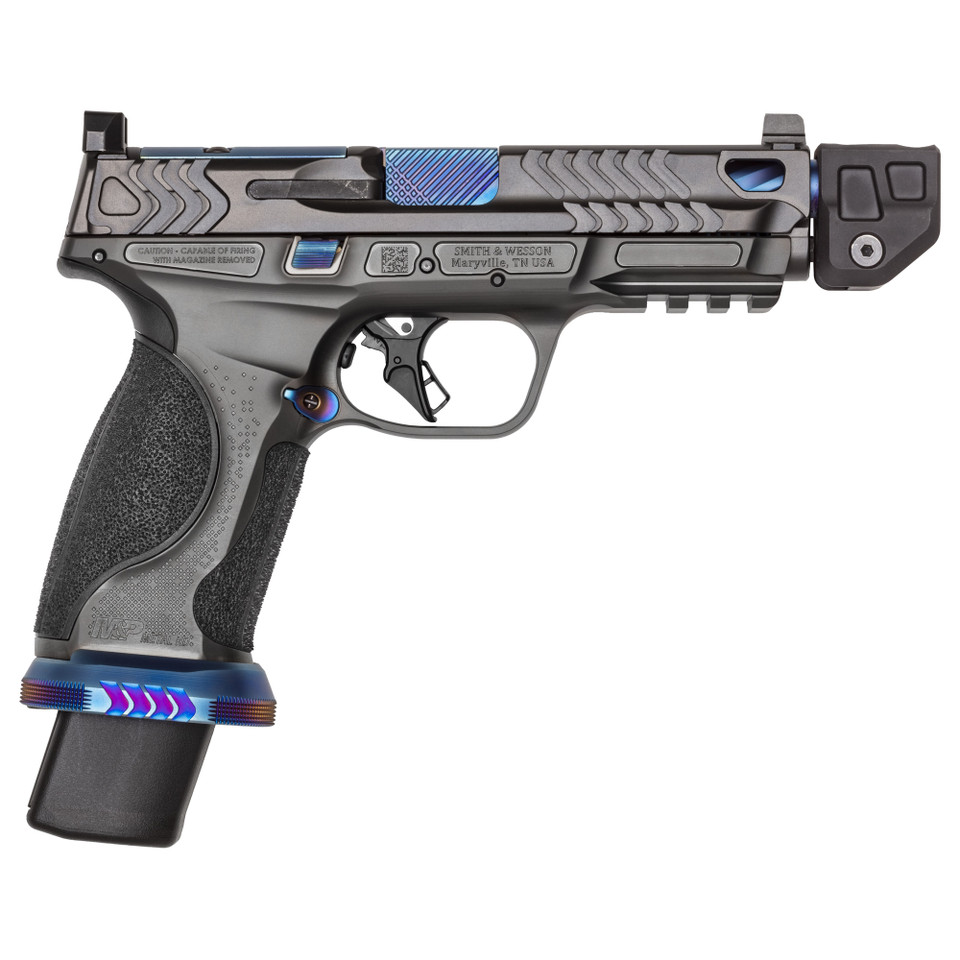 Image of S&W M&P9 M2.0 Metal HD Spec Series V - Steel Framed Full Size - 9MM 23RD - 4.875" Threaded Barrel with Strike Industries Compensator Steel Magwell Optics Ready Gray/Blue with SKU: SW14284
  Discover the pinnacle of performance with the M&P9 ME...