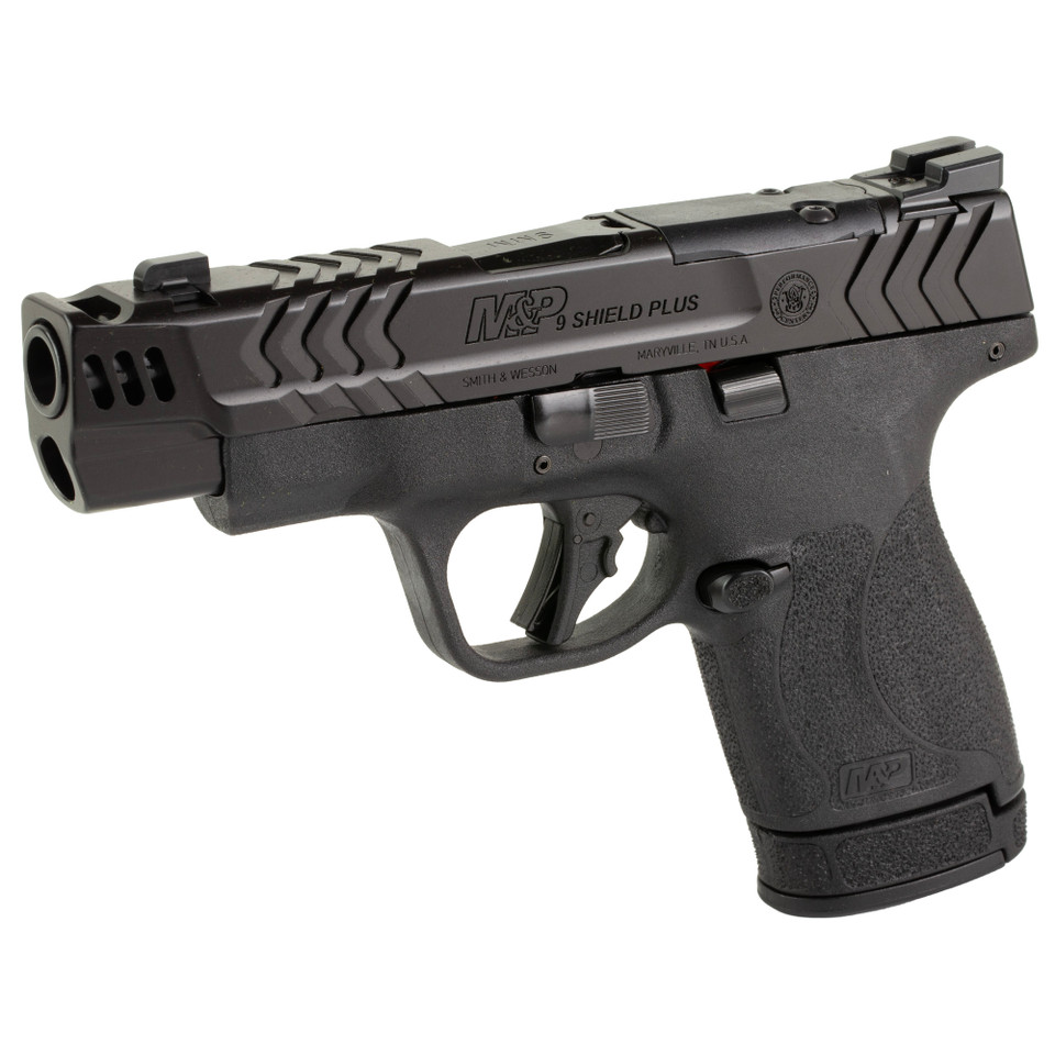 Image of S&W Performance Center M&P Shield Plus Micro-Compact 9MM 4" Ported Barrel Optics Ready in Black with SKU: SW13990
  Elevate your concealed carry with the Performance Center M&P9 Shield Plus Carry Comp, engineered for unparalleled shooting exce...