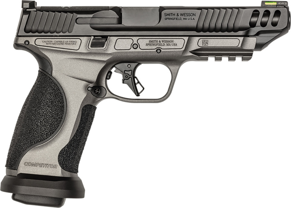 Smith & Wesson M&P M2.0 Metal 5" pistol in Tungsten Gray. Optics-ready, full-size, aluminum frame with flat-face trigger and 4x 17-round mags. Perfect for tactical use or competition.