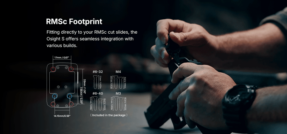 Osight S reflex red dot sight with rechargeable battery, magnetic charging cover, and RMSc footprint. Multi-reticle optic built for concealed carry and performance.