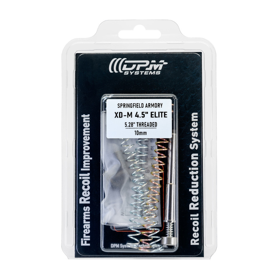 DPM Mechanical Recoil Reduction System for Springfield XD-M Elite 4.5” (10mm). Direct-replacement recoil rod with 2 spring plugs and 3 external springs — 6 adjustable settings for optimized recoil control, improved slide protection, and faster follow-up shots. Lifetime warranty.