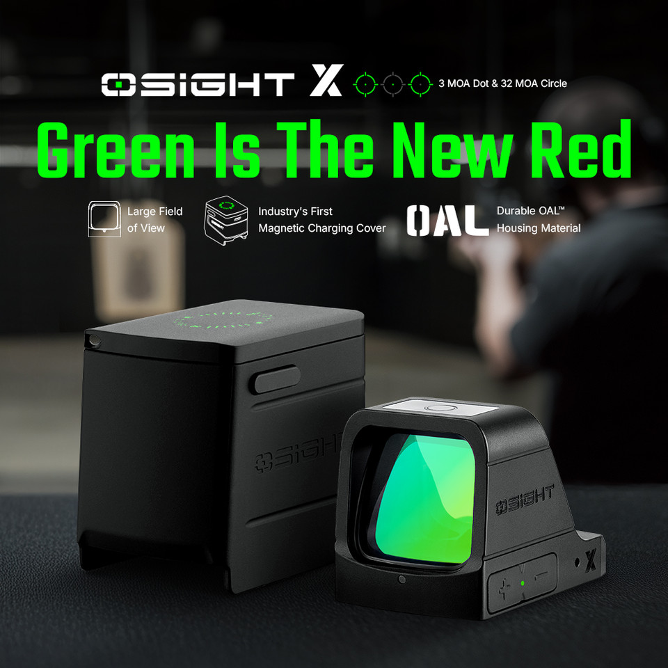 Osight X multi-reticle reflex sight with 3 MOA dot and 32 MOA circle, magnetic charging cover, and RMR footprint. Large window optic for full-size pistols.