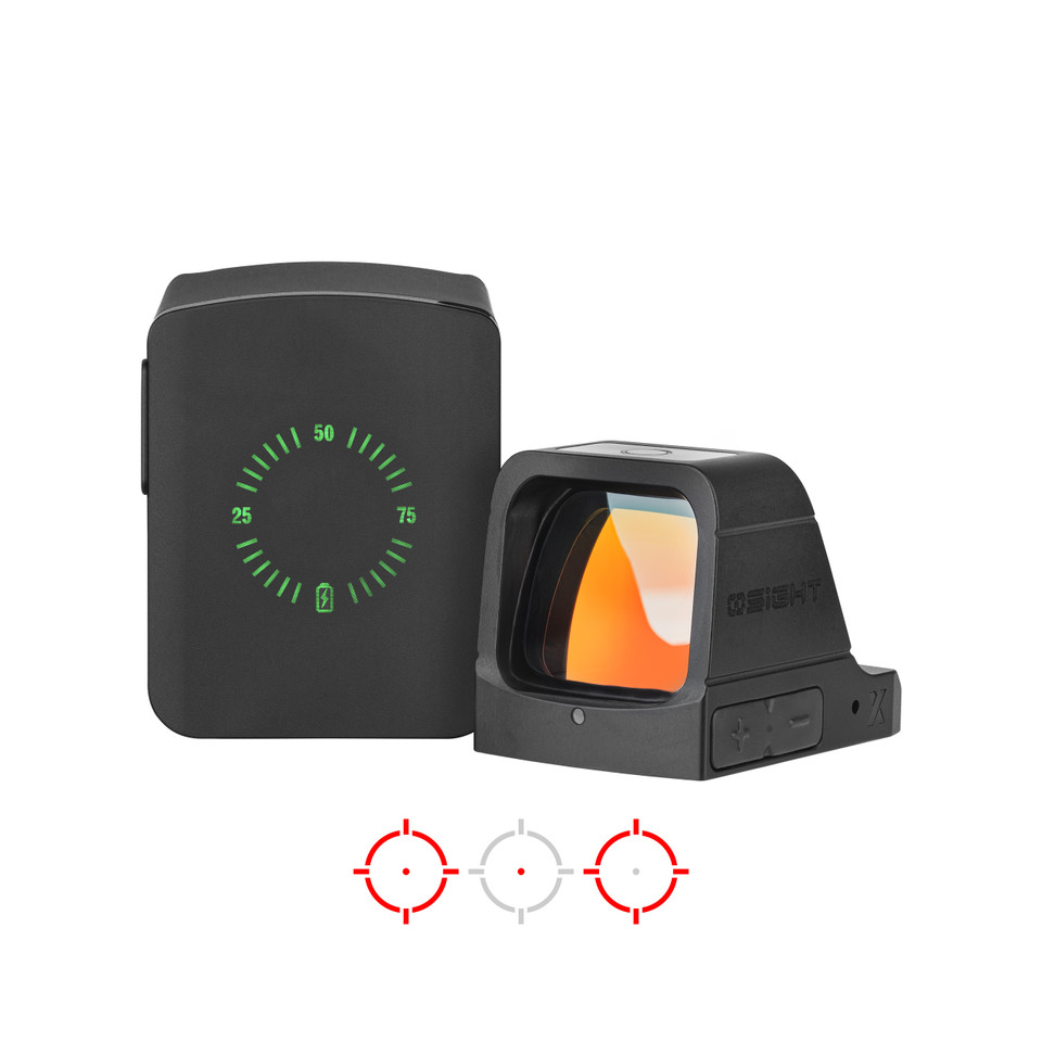Osight X multi-reticle reflex sight with 3 MOA dot and 32 MOA circle, magnetic charging cover, and RMR footprint. Large window optic for full-size pistols.