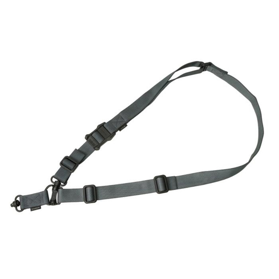 Magpul MS4 Dual QD Sling Gen 2 in Gray, convertible one-point to two-point rifle sling with MS1 Slider, steel QD D-Ring, push-button swivels, NIR treated webbing, Made in USA.