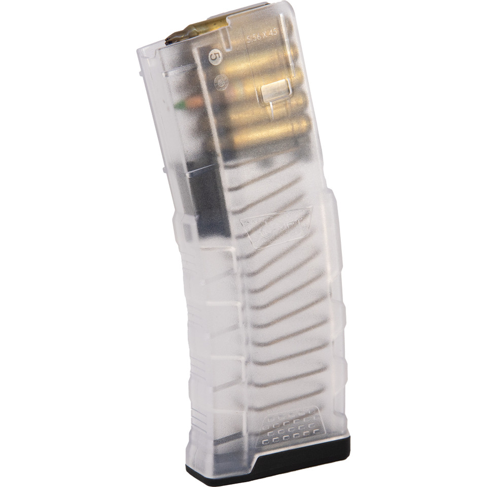 MFT Extreme Duty 5.56 30-round translucent purple magazine with clear round count.