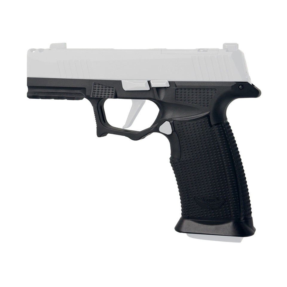Icarus A.C.E. Air Polymer P365 X-Macro grip without thumb ledge, manual safety.