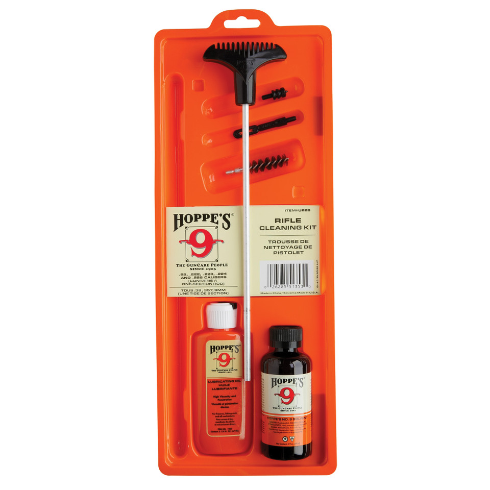 Hoppe's Rifle Cleaning Kit for 22/223 Caliber Rifles with durable rod, accessories, patches, cleaner, and oil.