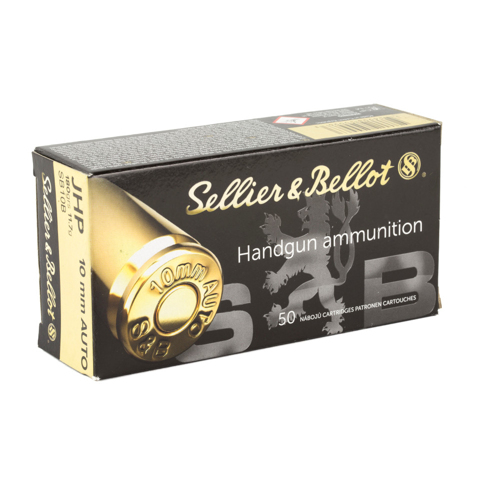 Sellier & Bellot 10mm 180gr JHP pistol ammo for self-defense and competition.