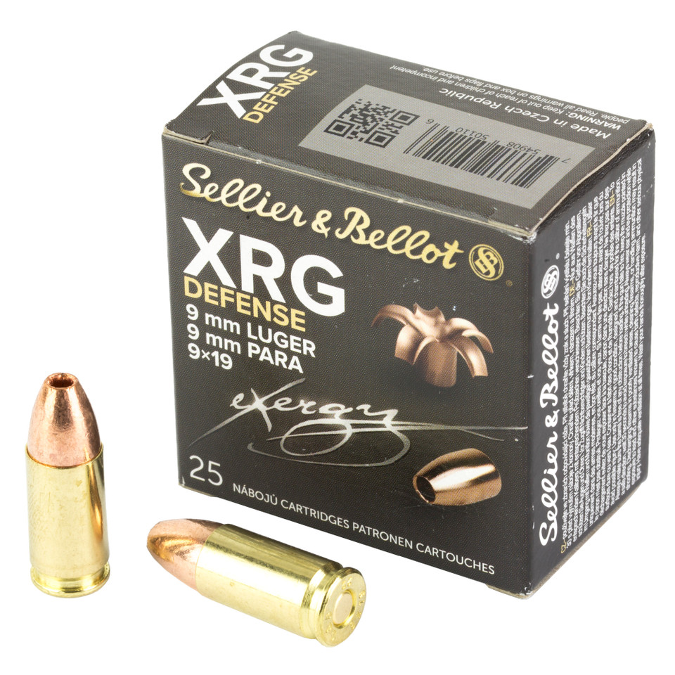 Sellier & Bellot XRG 9mm 100gr JHP pistol ammo with solid copper hollow point for superior terminal ballistics.