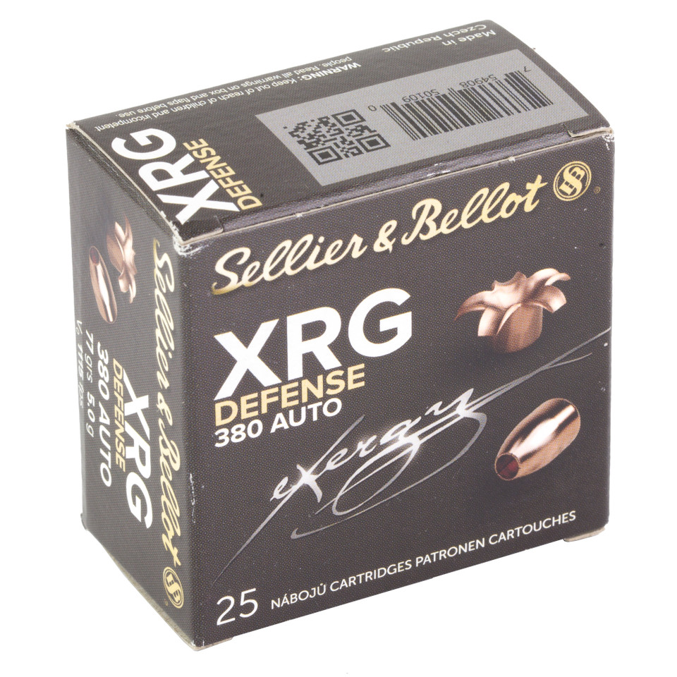 Sellier & Bellot XRG 380 ACP 77gr JHP pistol ammo with solid copper for defense.