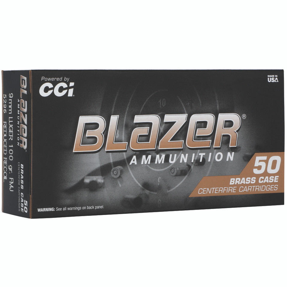 CCI Blazer Brass 9MM 100gr Full Metal Jacket for target practice, 50 rounds.